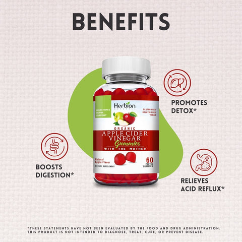 Herbion Apple Cider Vinegar Gummies boosts digestion, promotes detox, relieves acid reflux, and supports healthy weight management. 