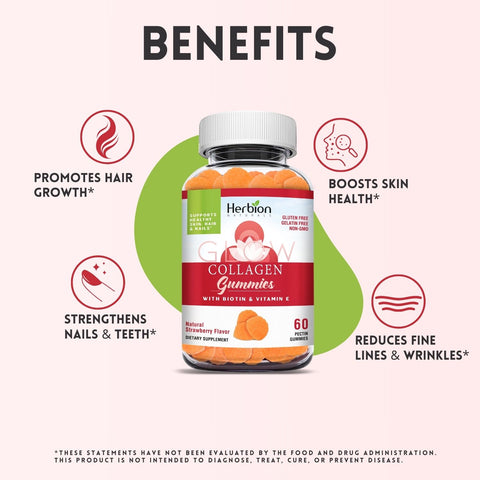 Herbion Collagen Gummies promotes hair growth, boosts skin health, strengthens nails & teeth, and reduces fine lines & wrinkles