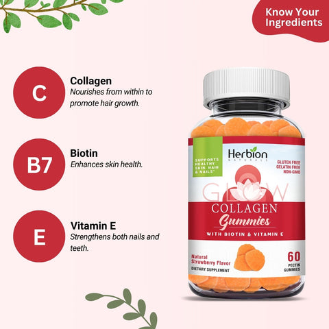 Herbion Collagen Gummies contains Collagen, Biotin, and Vitamin E - the perfect trio to support healthy hair, skin, and nails.