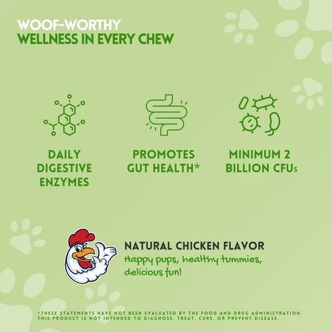 Herbion Digestive Support Dog Chews promotes gut health with daily digestive enzymes and a minimum 2 Billion CFUs of probiotics per chew