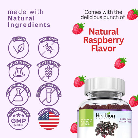 Herbion Elderberry Gummies: Vegan, Non-GMO, Gelatin Free, Gluten Free, No Artificial Color, No Artificial Flavor, GMP Certified, and Made in the USA