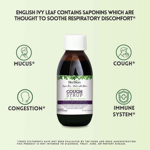 Herbion Ivy Leaf Cough Syrup with Thyme helps support immune system, relieve congestion, and soothes cough. 