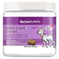 A container of Herbion Pets Joint Care Dog Chews with Glucosamine & Turmeric, featuring 120 soft chews  in Natural Chicken Flavor for dogs' hips and joints.