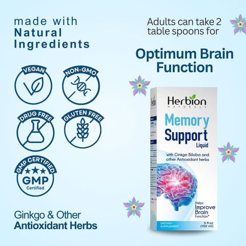 Herbion Memory Support Liquid: Vegan, Non-GMO, Drug Free, Gluten Free, and GMP-Certified.