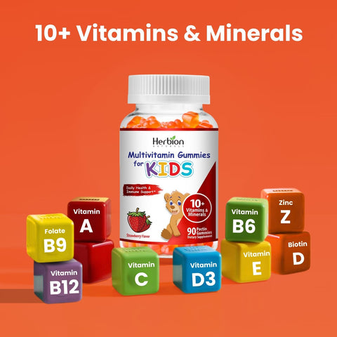 Herbion Multivitamin Gummies for Kids contains Vitamin A, Vitamin B6, Vitamin B9, Vitamin B12, Vitamin C, Vitamin D3, Biotin D, Vitamin E, Zinc, and more