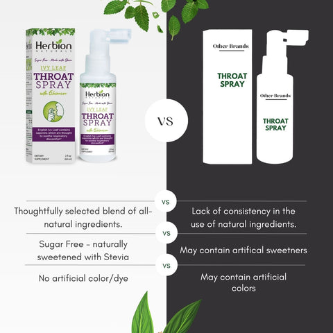 Herbion Ivy Leaf Throat Spray provides a natural, herbal alternative with no artificial color/dye or sugar. 
